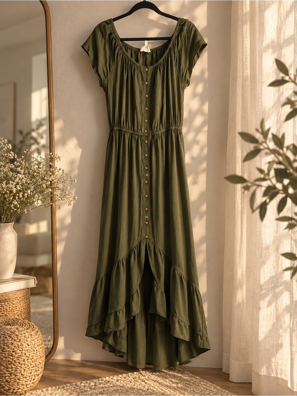 Olive Green High‑Low Button‑Front Maxi Dress